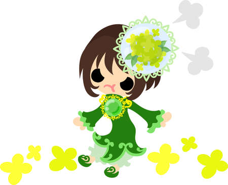 A cute girl in anger and a accessory of yellow flowersのイラスト素材