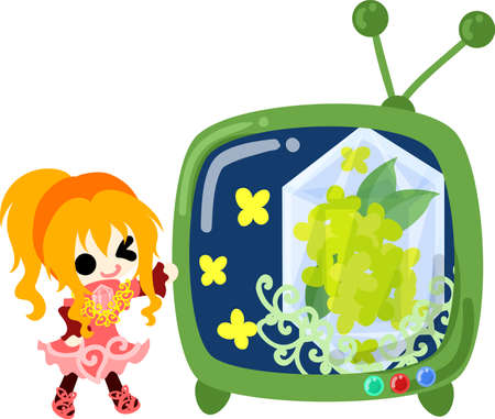 A cute girl and TV program of yellow flowersのイラスト素材
