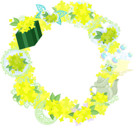 The wreath that is made with various miscellaneous goods of yellow flowersのイラスト素材