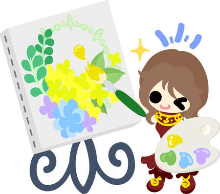 A cute girl and a picture of yellow flowersのイラスト素材