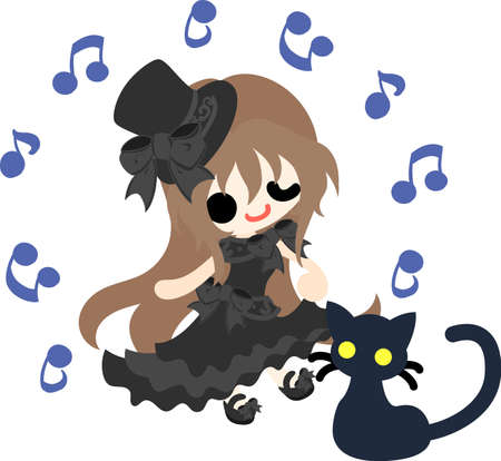 A black silk hat girl and a black catのイラスト素材