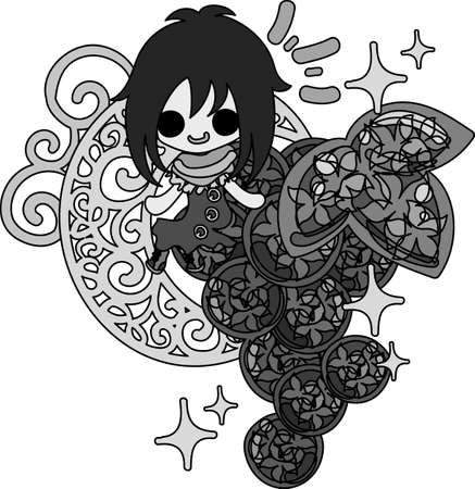 A cute illustration of a little girl and the ornament of the grapesのイラスト素材