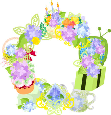 The frame that is made with various miscellaneous goods of hydrangeaのイラスト素材