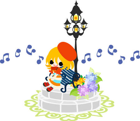 A cute girl and hydrangeas and a streetlightのイラスト素材