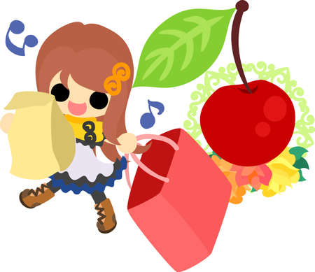 A cute little girl who is shopping and an ornament of cherryのイラスト素材