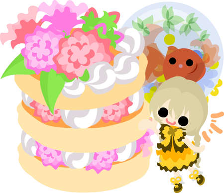 A cute little girl and a goldfish bowl and a pancake.のイラスト素材