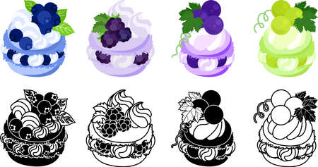 The icons of macaron decorated with blueberry and blackberry and grapes and muscat and etc.のイラスト素材
