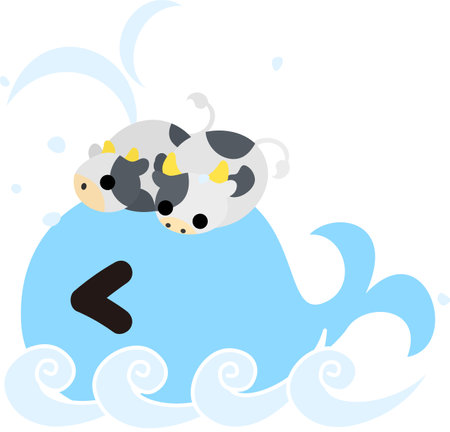 Illustration of round cows like stuffed animals and a big whaleのイラスト素材