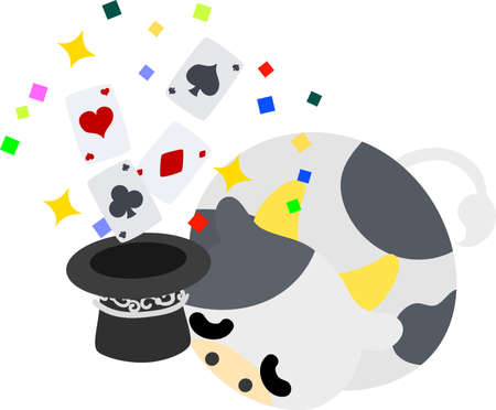 Illustration of a round cow like a stuffed animal doing magic tricks with a top hatのイラスト素材