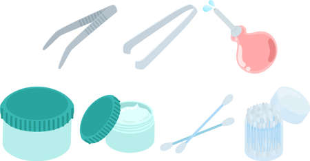 Icons for everyday medical items such as tweezers and ointments and cotton swabsのイラスト素材