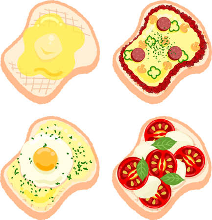 The cute icons of butter toast and pizza toast and fried egg toast and caprese toastのイラスト素材