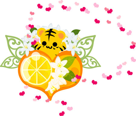 Illustration of a cute tiger and an orange heart crystalのイラスト素材