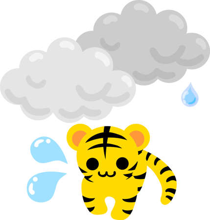 Illustration of a cute tiger and clouds that are likely to rainのイラスト素材