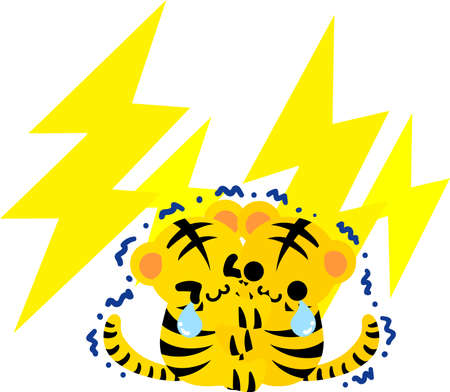 Illustration of cute tigers scared by thunderのイラスト素材