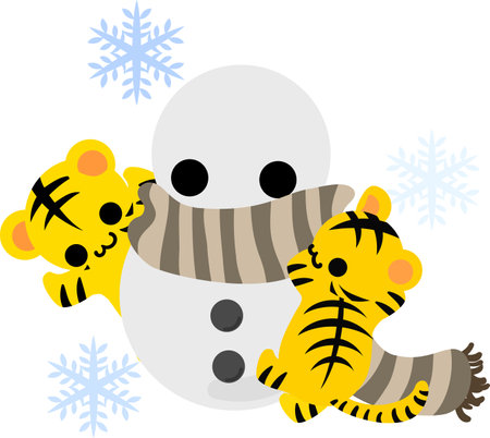 Illustration of a snowman and cute tigersのイラスト素材