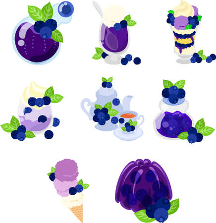 Various cute blueberry icons such as juice and cream soda and parfait and smoothie and tea and jam and ice cream and jellyのイラスト素材