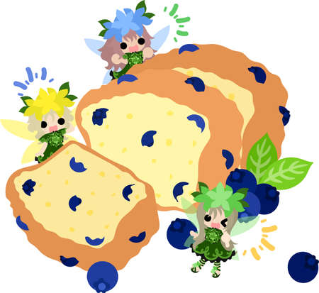 Illustration of cute flower fairies and blueberry pound cakeのイラスト素材