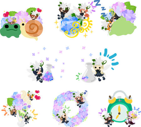 Illustration of wonderful daily life of cute small flower fairies and hydrangea  fairiesのイラスト素材