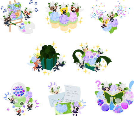 Illustration of wonderful daily life of cute small flower fairies and hydrangea  fairiesのイラスト素材