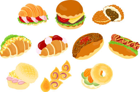 The delicious and cute bread icons such as croissant sandwich and hamburger and curry bun and egg sandwich and fruit sandwich and hot dog and English muffin and bacon epi and bagelのイラスト素材