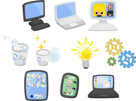 The cute icons about business and office such as PC and tablet and smartphone and laptop.のイラスト素材