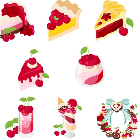Various cute cherry sweets icons such as rare cheesecake and tart and pie and juice and parfaitのイラスト素材
