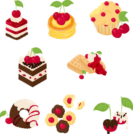 Various cute cherry sweets icons such as cake and danish and muffin and waffle and donut and cookie and chocolateのイラスト素材