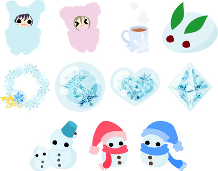 The various cute icon set of winter goods such as snow rabbit and snowman and costume and wreathのイラスト素材