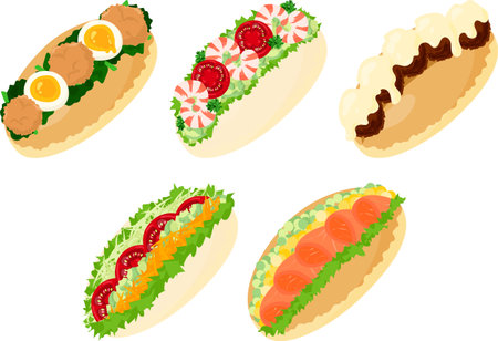 <p>The various icons of delicious and cute side dish bread with fried chicken and egg and shrimp and avocado and tomato and meatball and cheese and cabbage and carrot and lettuce and salmon</p>のイラスト素材