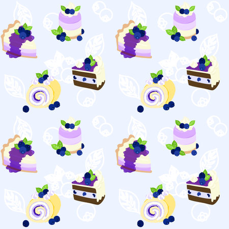 The background material with the theme of blueberry such as no-bake cheesecake and shortcake and roll cakeのイラスト素材