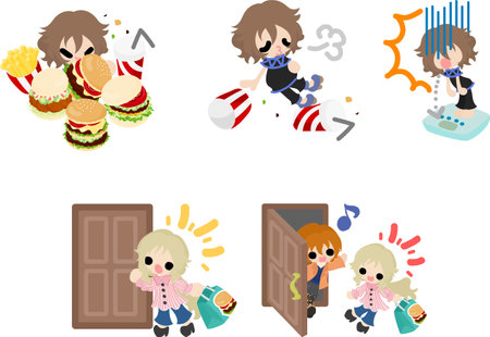 Illustrations of children enjoying interaction through delicious foods such as hamburgers and sandwichesのイラスト素材