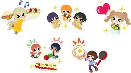 Illustrations of children enjoying interaction through delicious foods such as hamburgers and sandwichesのイラスト素材