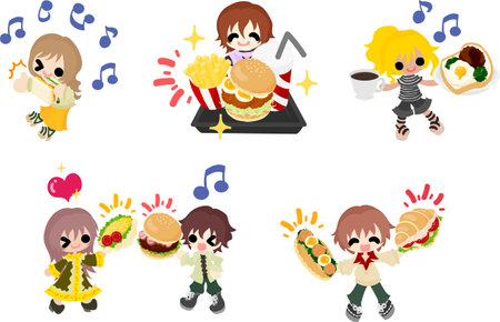 Illustrations of children enjoying interaction through delicious foods such as hamburgers and sandwichesのイラスト素材