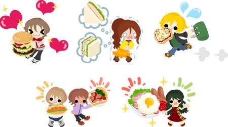 Illustrations of children enjoying interaction through delicious foods such as hamburgers and sandwichesのイラスト素材