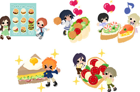 Illustrations of children enjoying interaction through delicious foods such as hamburgers and sandwichesのイラスト素材