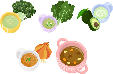 The various icons of delicious soup such as broccoli potage and spinach potage and avocado potage and onion soup and curryのイラスト素材