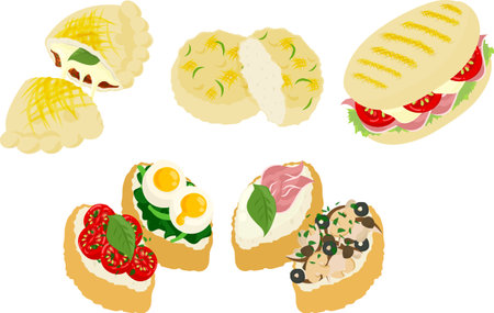 The various icons of delicious Italian breads such as calzone and focaccia and panino and crostiniのイラスト素材