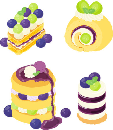 The icon design of cute and juicy grape sweets such as mille-feuille and roll cake and pancake and rare cheesecakeのイラスト素材
