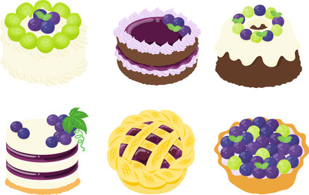 The icon design of cute and juicy grape sweets such as various cakes and pie and tartのイラスト素材