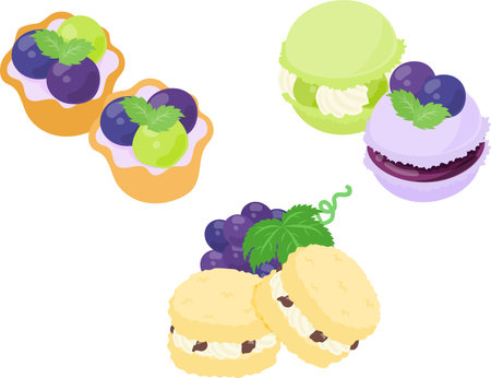 The icon design of cute and juicy grape sweets such as tart and macaron and raisin butter sandwichのイラスト素材