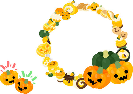 The wreath and icon of soft and fluffy pumpkin sweetsのイラスト素材