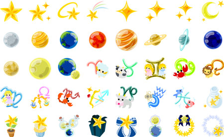 A dreamy illustration set filled with constellations, planets, and starlit treasures.のイラスト素材