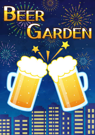 Beer garden poster toasting with mugsのイラスト素材