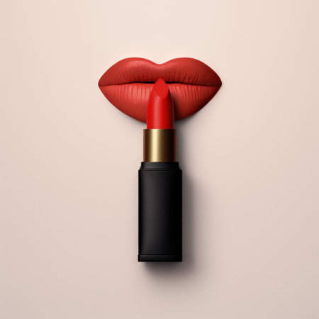 Red lipstick in front of lips. Using generative AI and image editing software.の素材