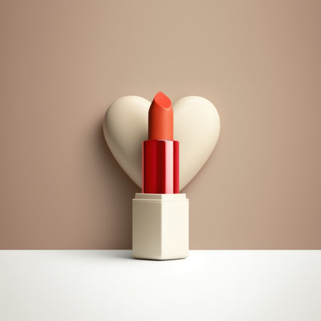 Orange lipstick in front of white heart object. Using generative AI and image editing software.の素材