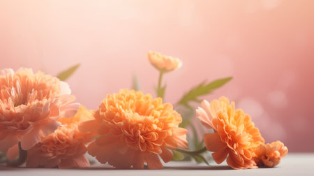 Bright marigolds arranged on a pastel peach gradient background. Created using AI Generated technology and image editing software.の素材