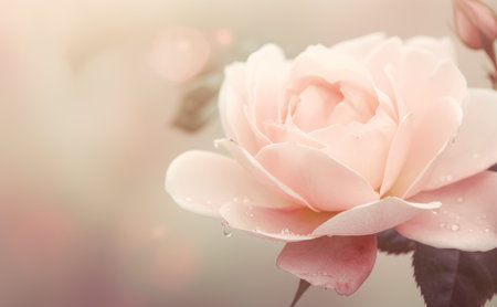 Pink rose with water droplets on a bokeh background. Created using AI Generated technology and image editing software.の素材