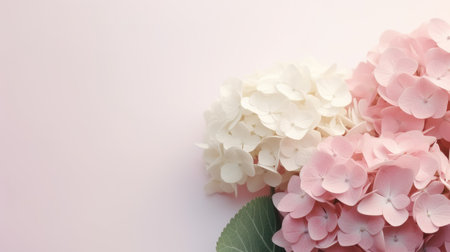 Bunch of pink and white hydrangeas on light pink background with copy space. Created using AI Generated technology and image editing software.の素材