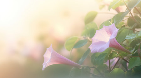 Close up of morning glory flowers bathed in soft light with copy space. Created using AI Generated technology and image editing software.の素材