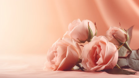 Pink roses lying on blush fabric with matching curtain background. Created using AI Generated technology and image editing software.の素材